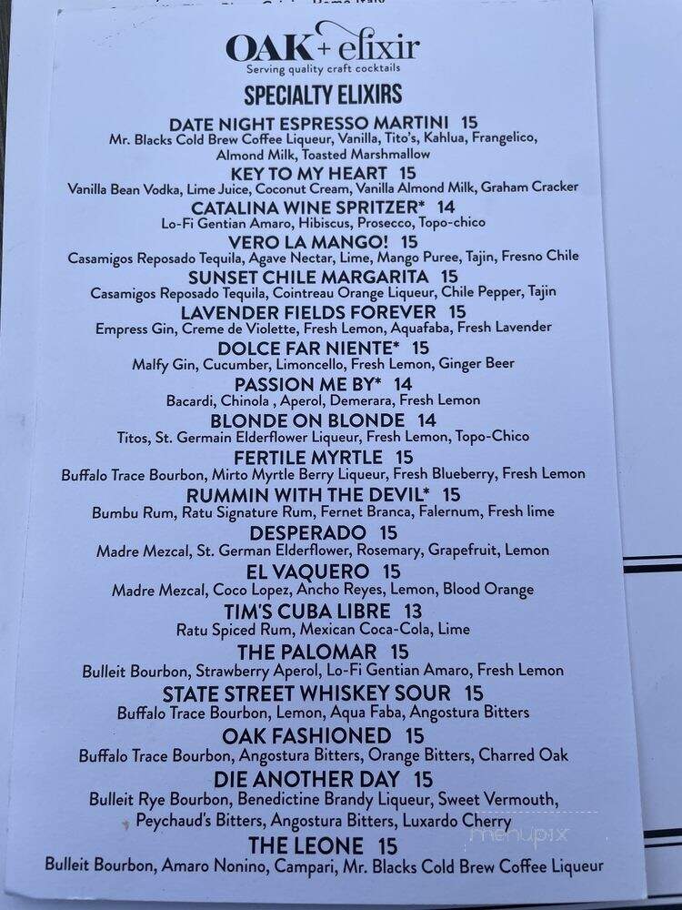 Oak + Elixir - Carlsbad, CA menu_pic