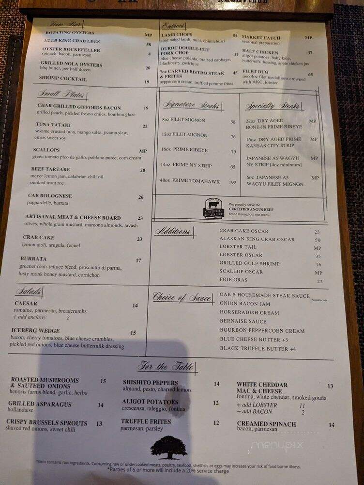 Oak Steakhouse Nashville - Nashville, TN menu_pic