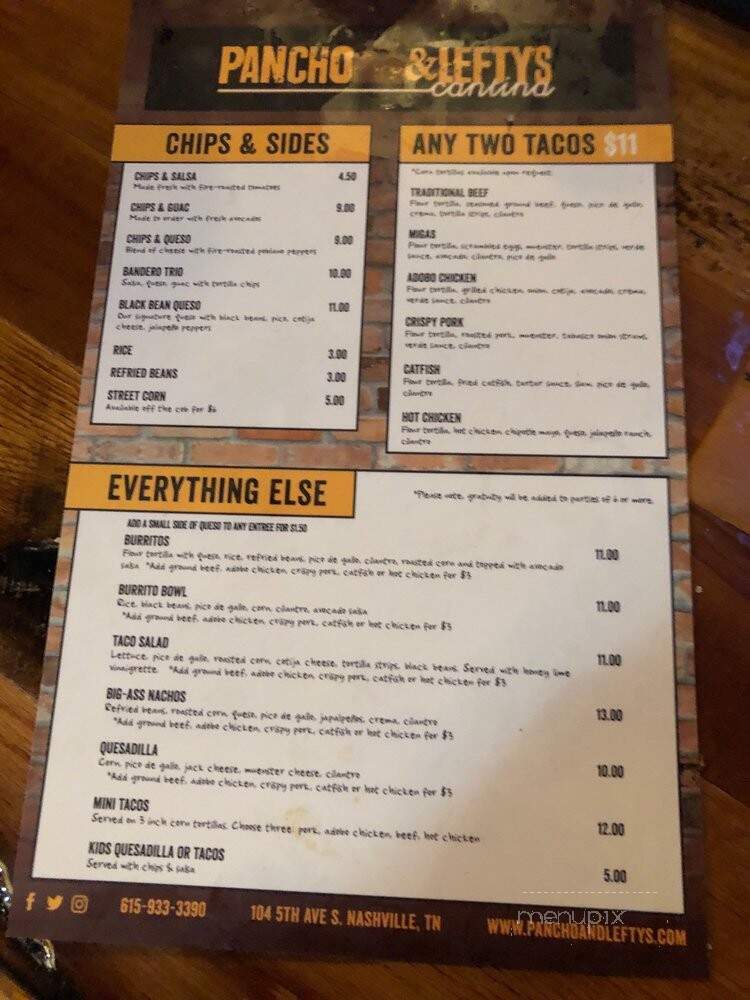 Pancho & Lefty's - Nashville, TN menu_pic