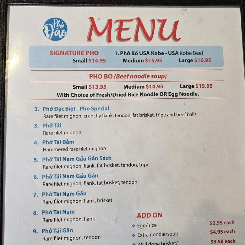 Pho Dao Restaurant - San Jose, CA menu_pic