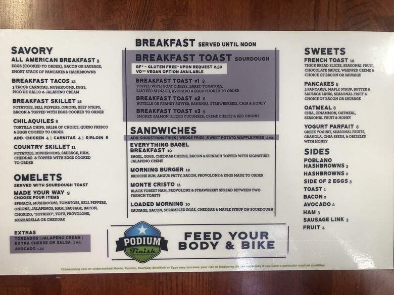 Podium Finish Sport Boutique & Cafe - El Paso, TX menu_pic