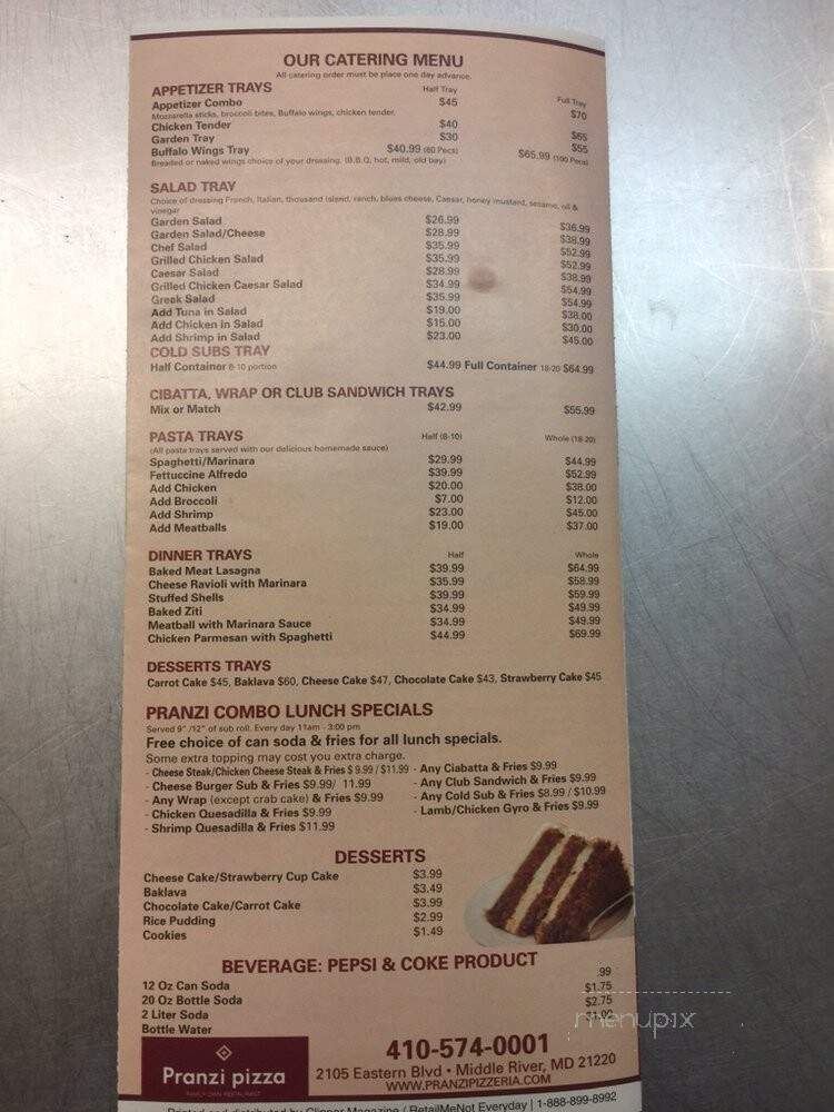 Pranzi Pizza - Middle River, MD menu_pic