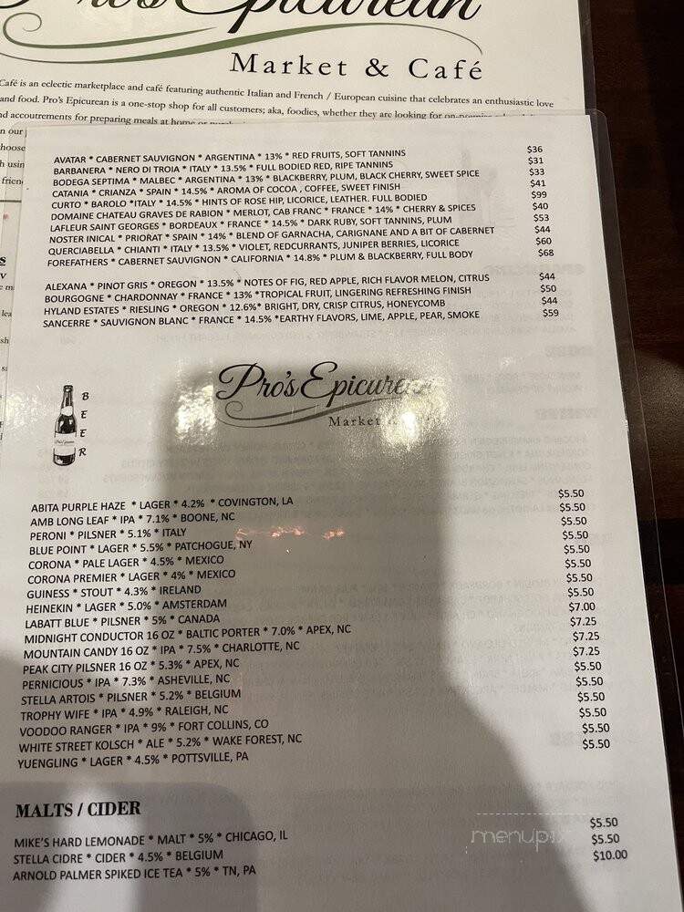 Pro's Epicurean Market & Cafe - Cary, NC menu_pic