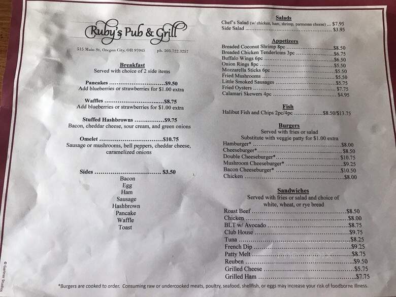 Ruby's Pub & Grill - Oregon City, OR menu_pic