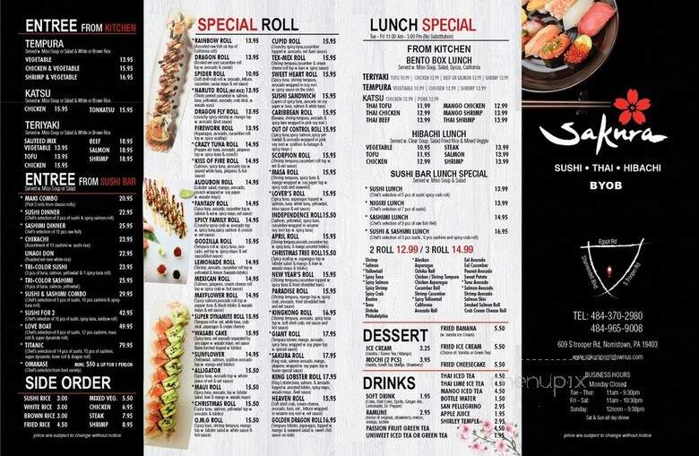 Sakura hibachi sushi thai - Norristown, PA menu_pic