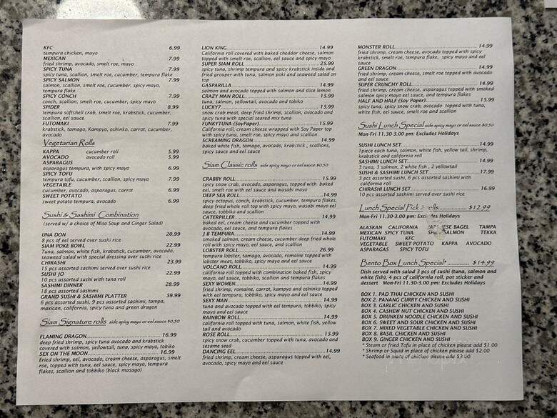 Siam Thai & Sushi - Clearwater, FL menu_pic