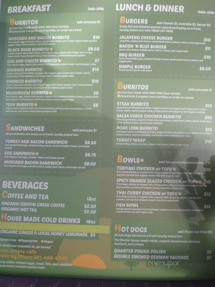 Simple Cafe - Ashland, OR menu_pic