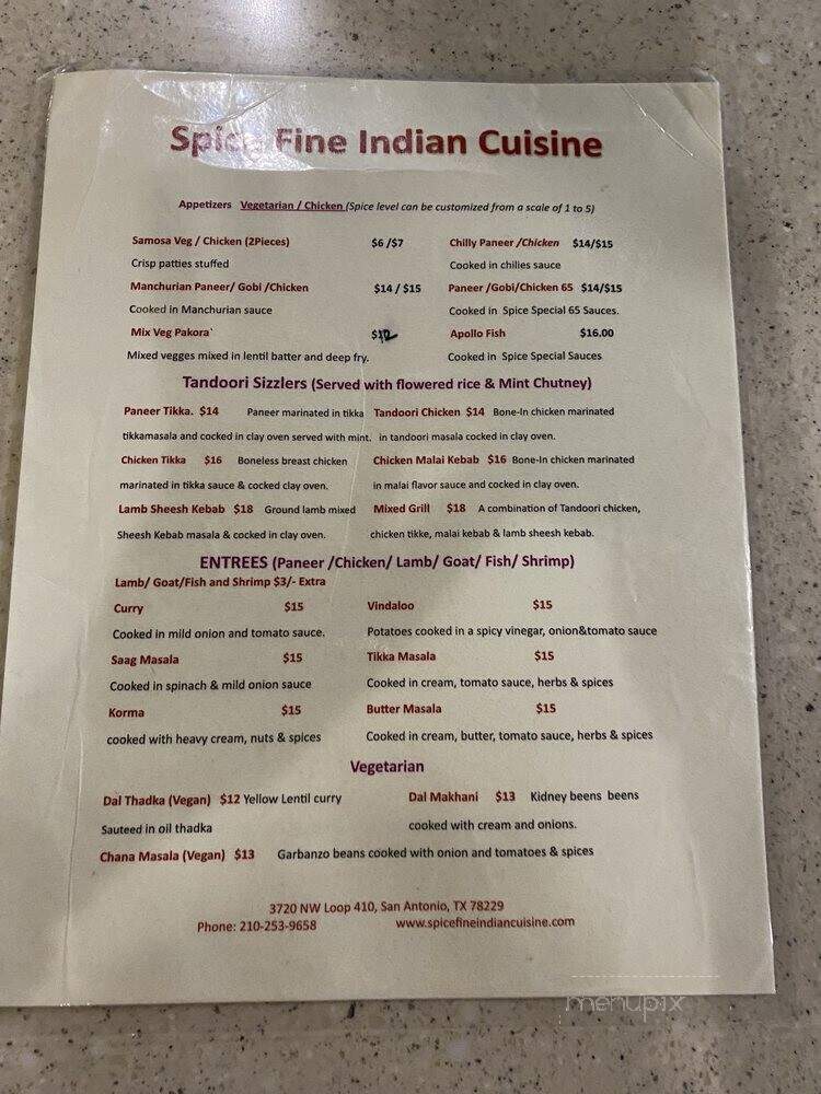 Spice Fine Indian Cuisine - Austin, TX menu_pic