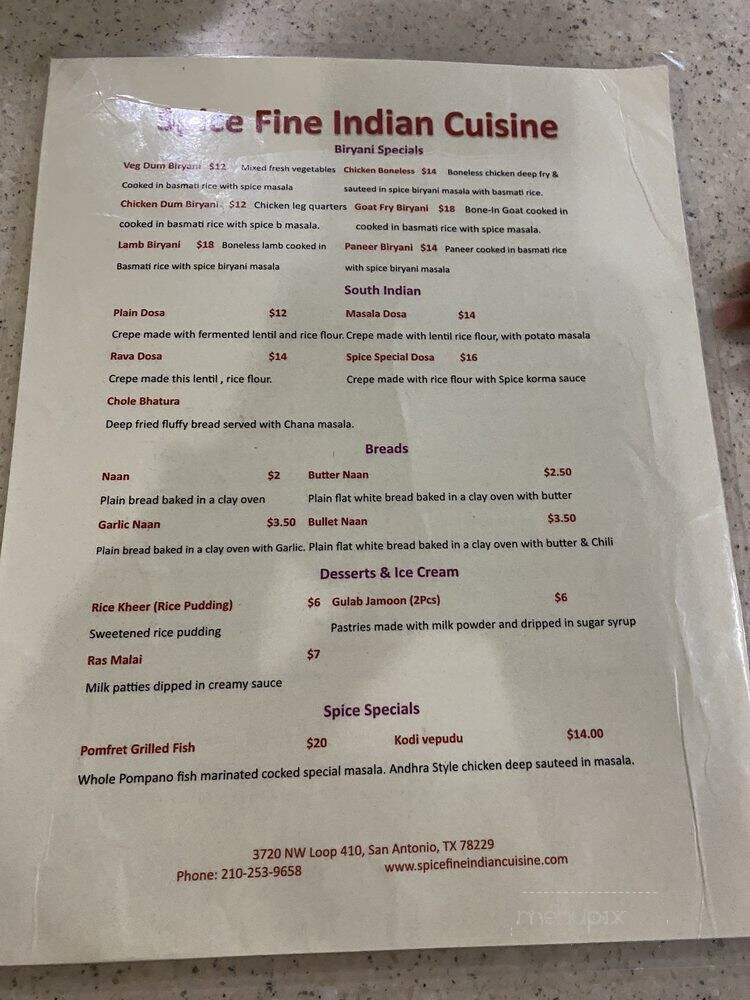 Spice Fine Indian Cuisine - Austin, TX menu_pic