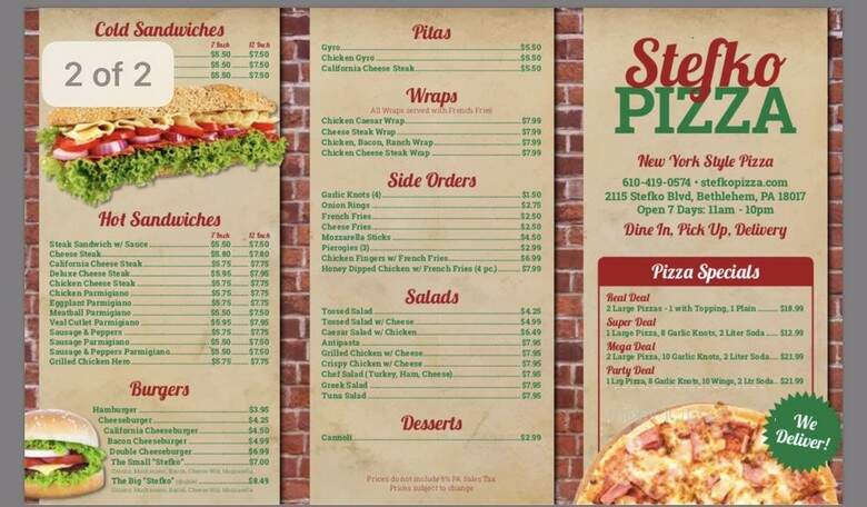 Stefko Pizza - Bethlehem, PA menu_pic