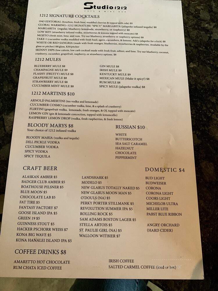 Studio 1212 - Green Bay, WI menu_pic