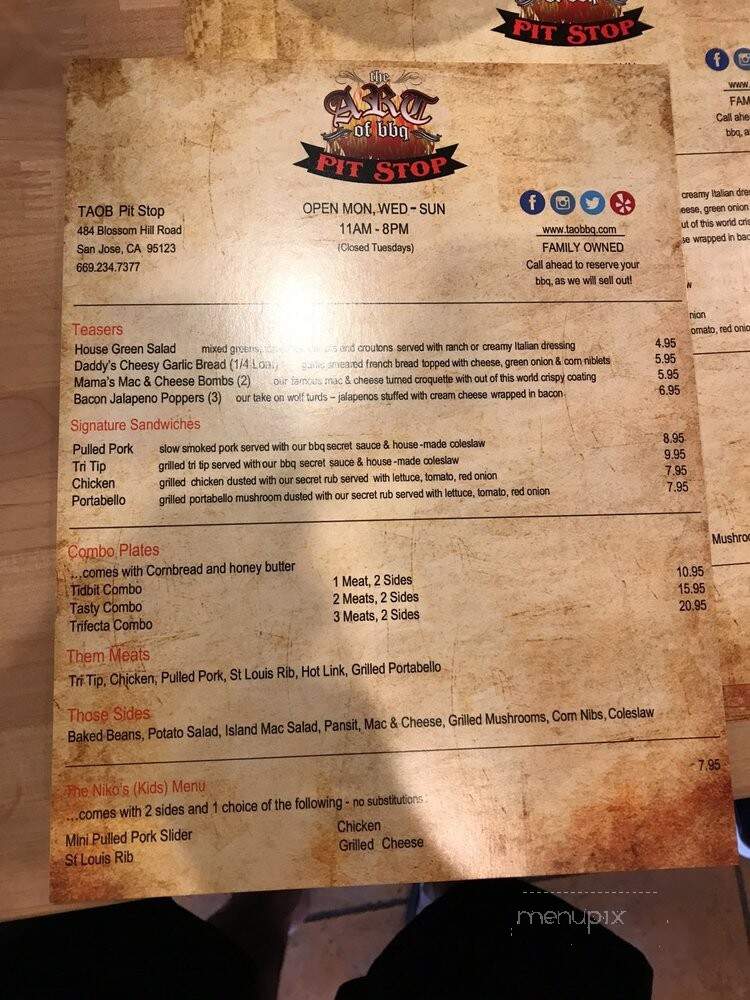 TAOB Pit Stop - San Jose, CA menu_pic