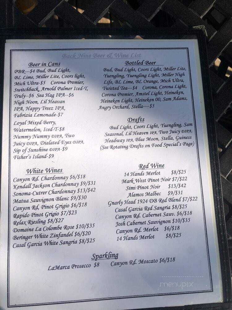 The Back Nine Tavern - New Britain, CT menu_pic