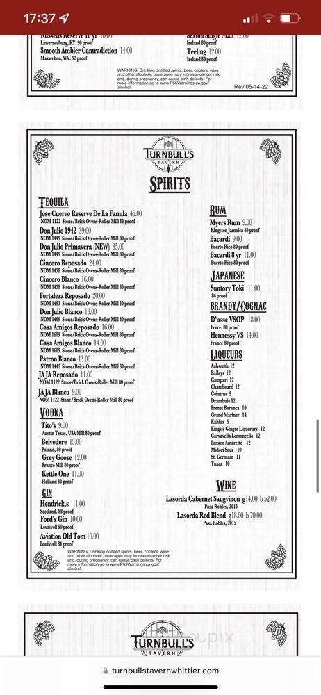 Turnbull's Tavern - Whittier, CA menu_pic