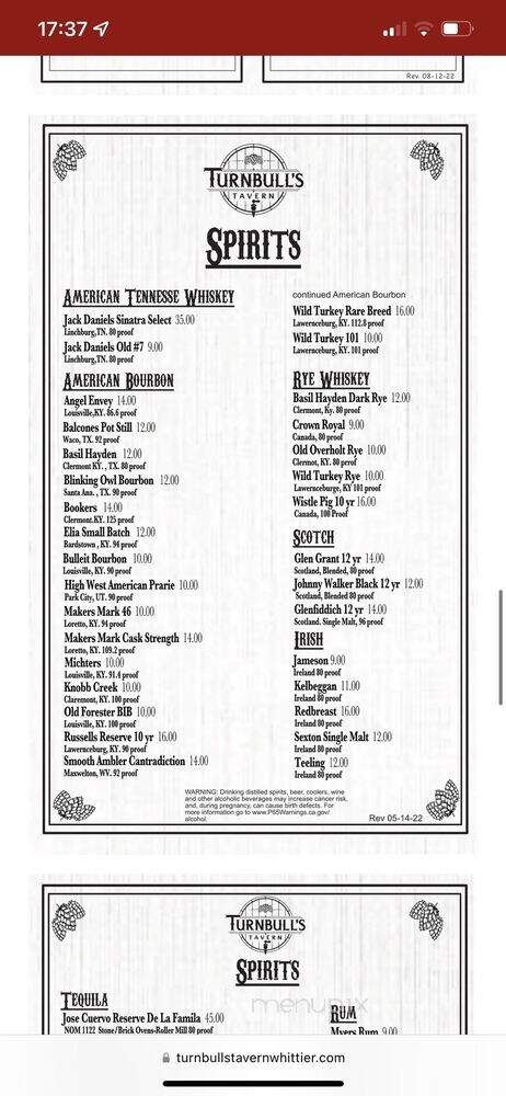 Turnbull's Tavern - Whittier, CA menu_pic