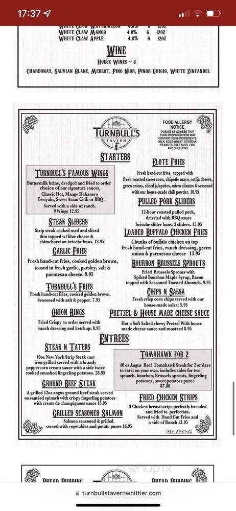 Turnbull's Tavern - Whittier, CA menu_pic