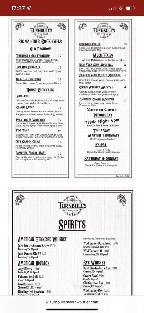Turnbull's Tavern - Whittier, CA menu_pic