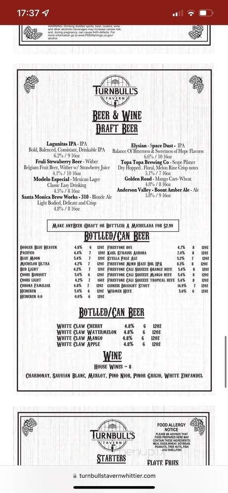 Turnbull's Tavern - Whittier, CA menu_pic