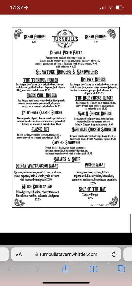 Turnbull's Tavern - Whittier, CA menu_pic