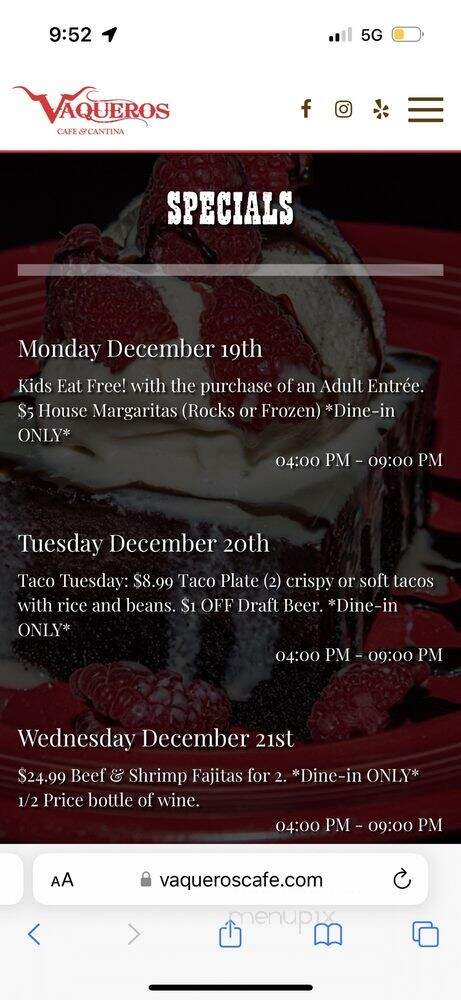 Vaquero's Cafe and Cantina - Austin, TX menu_pic