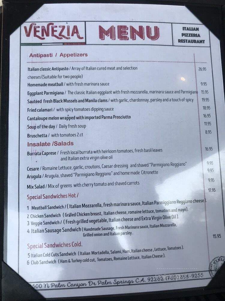 Venezia Restaurant & Pizzeria - Palm Springs, CA menu_pic