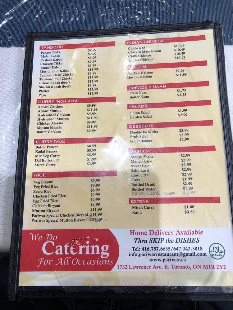 Pariwar Restaurant - Toronto, ON menu_pic