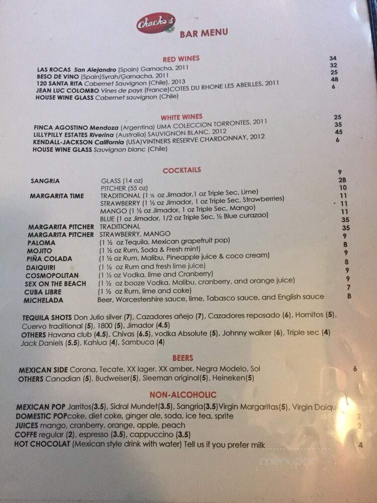 Chacho's Fine Mexican Dining - Toronto, ON menu_pic