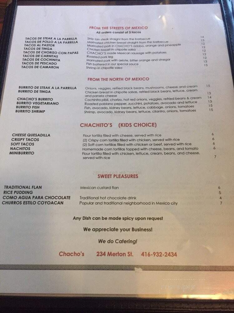 Chacho's Fine Mexican Dining - Toronto, ON menu_pic