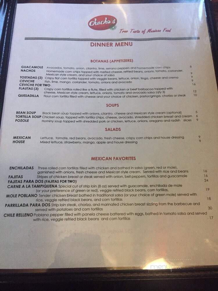 Chacho's Fine Mexican Dining - Toronto, ON menu_pic
