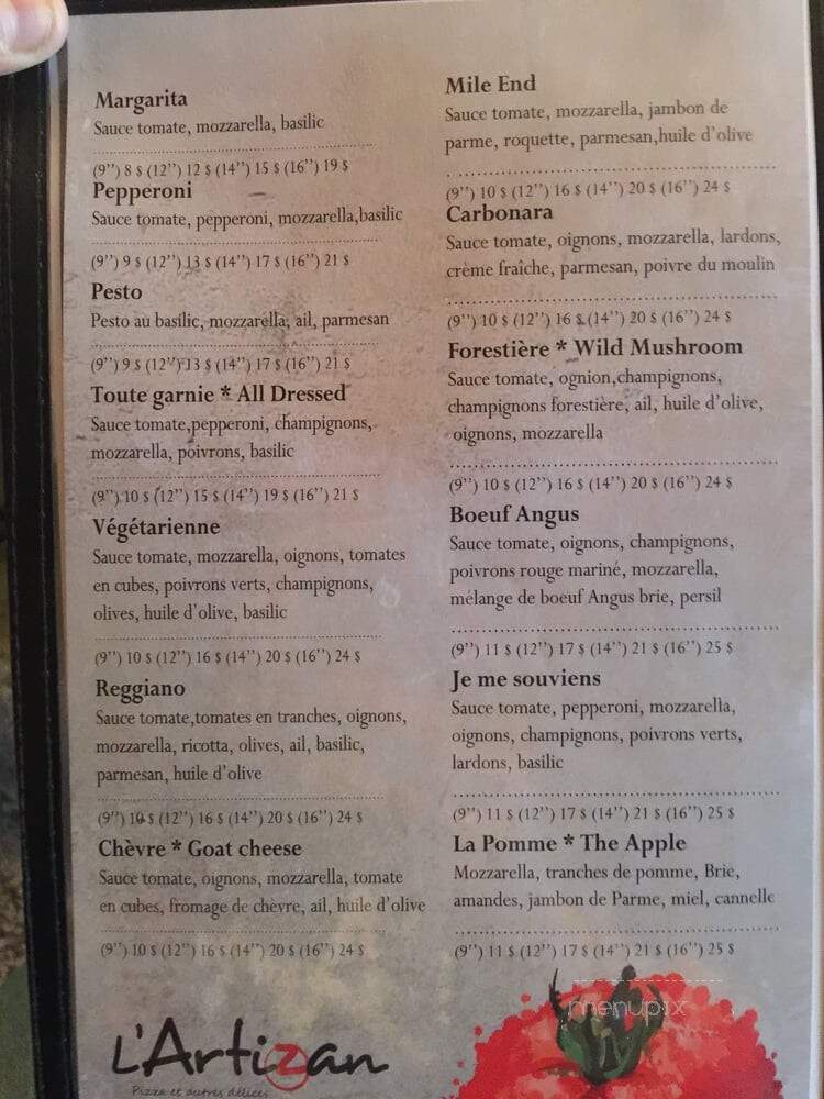 L'Artizan Pizza - Montreal, QC menu_pic
