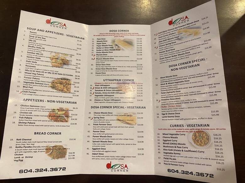 Dosa Corner - Vancouver, BC menu_pic