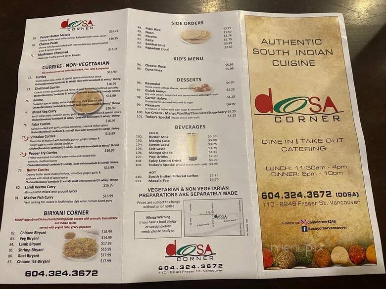 Dosa Corner - Vancouver, BC menu_pic