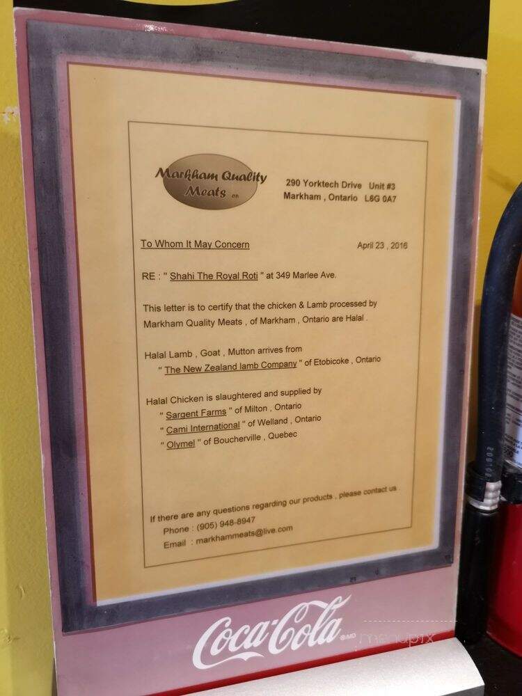 Shahi The Royal Roti - North Bay, ON menu_pic