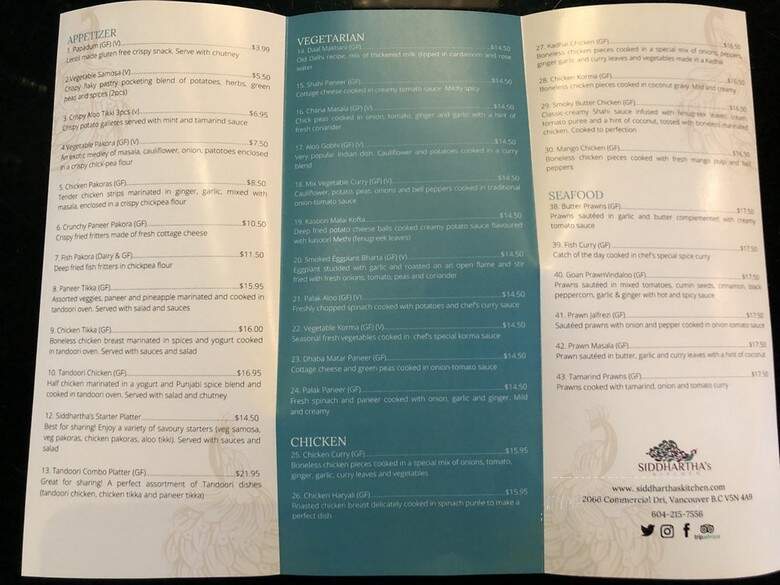 Siddhartha's Indian Kitchen - Vancouver, BC menu_pic