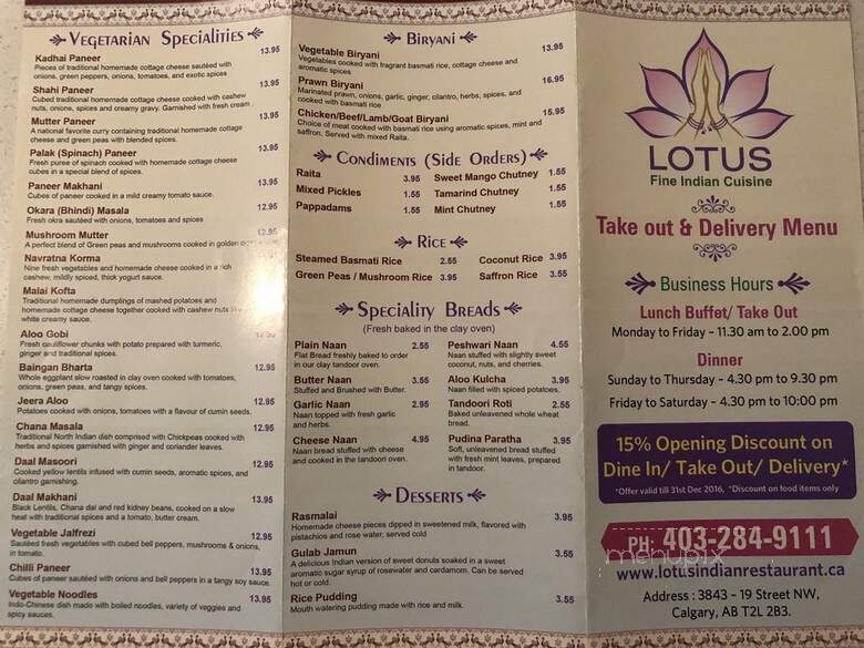 Lotus Fine Indian Cuisine - Calgary, AB menu_pic