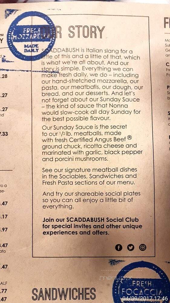 Scaddabush Italian Kitchen & Bar - Toronto, ON menu_pic