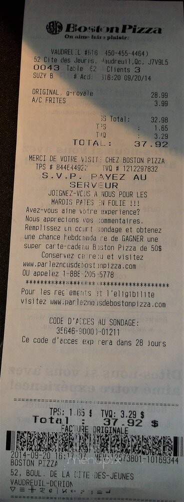 Boston Pizza - Vaudreuil, QC menu_pic