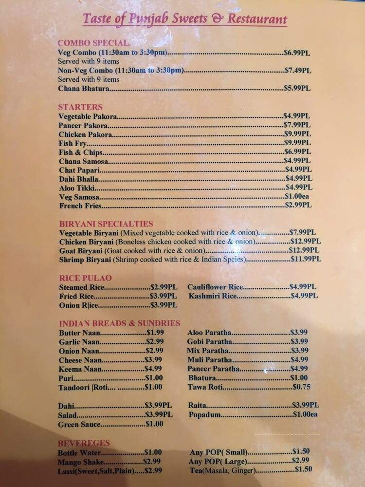 Taste Of Punjab - Brampton, ON menu_pic