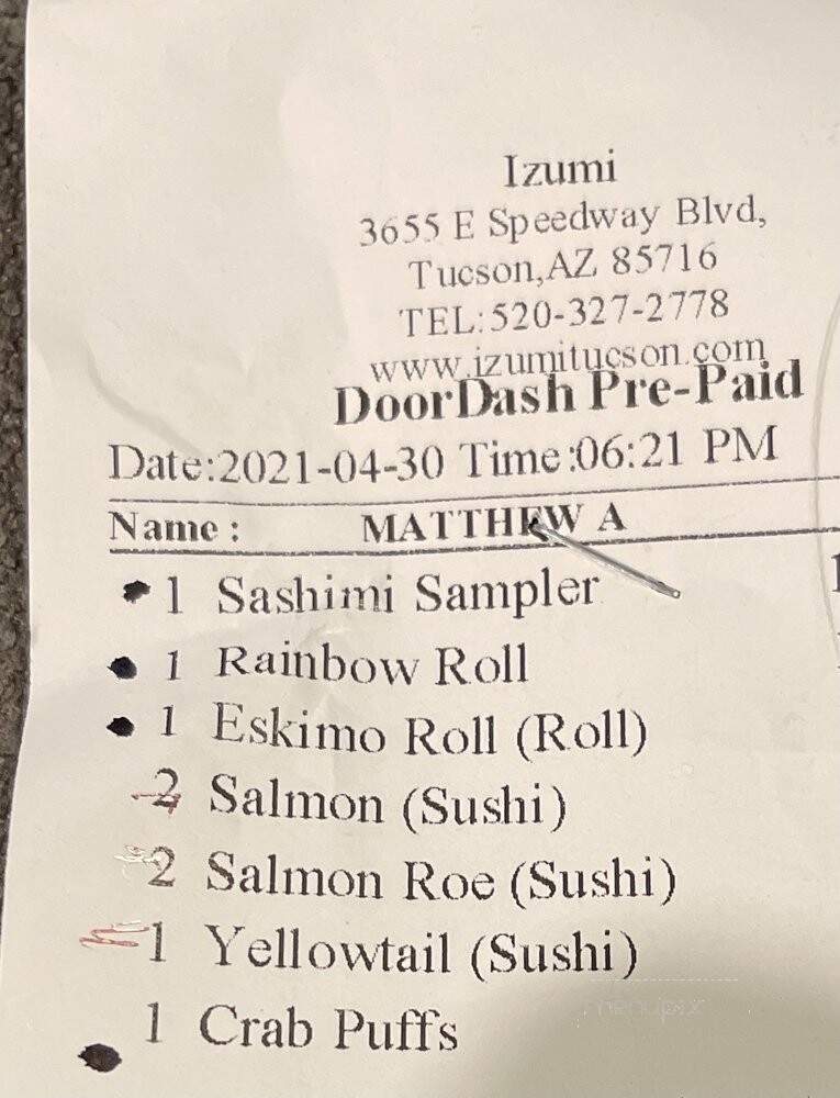 Izumi - Tucson, AZ menu_pic