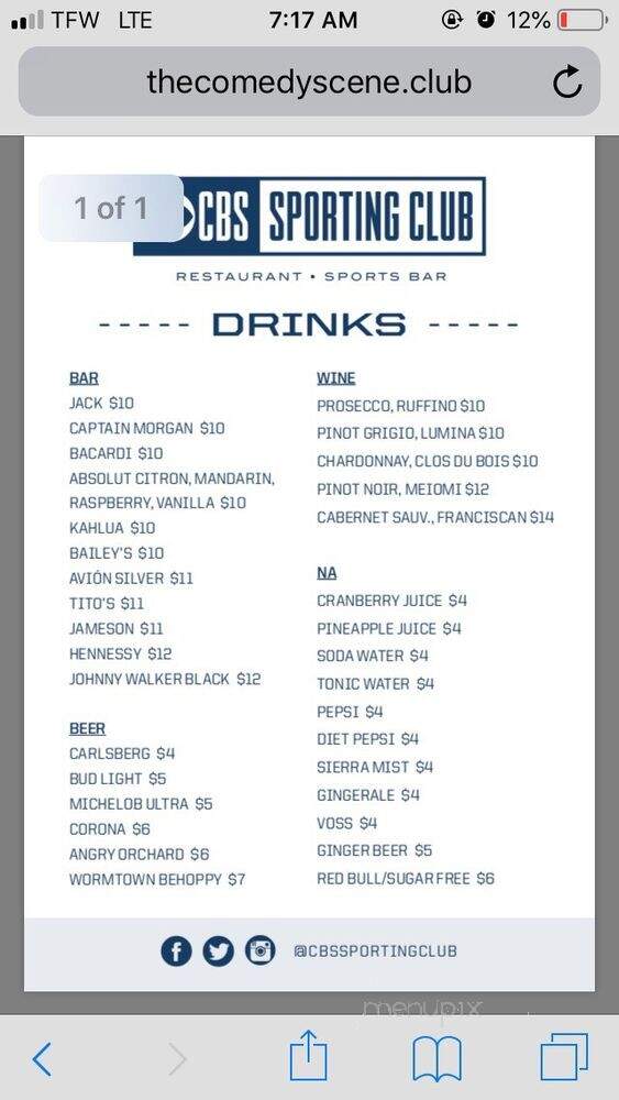 CBS Sporting Club - Foxborough, MA menu_pic