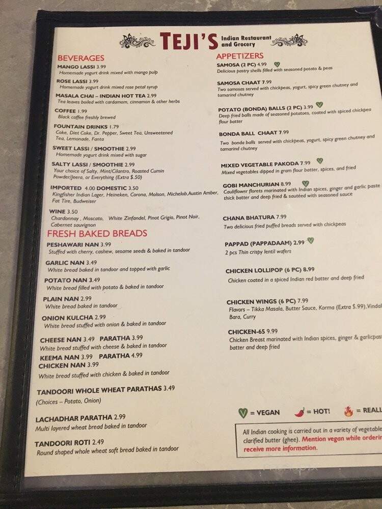 Teji's Indian Restaurant and Bar - Austin, TX menu_pic