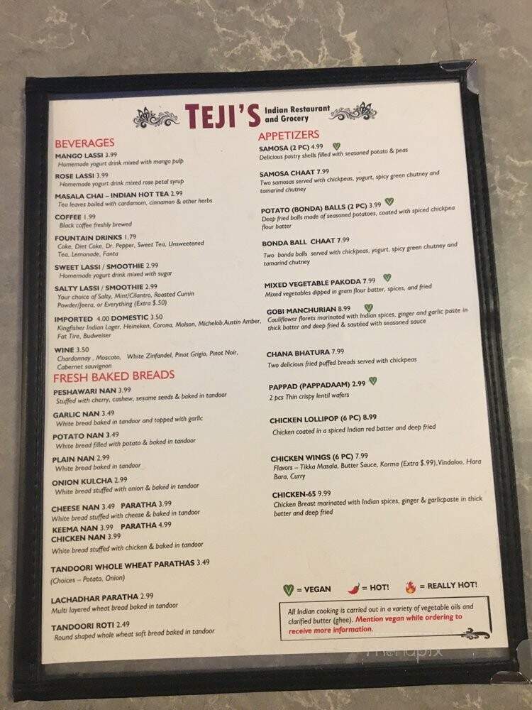 Teji's Indian Restaurant and Bar - Austin, TX menu_pic