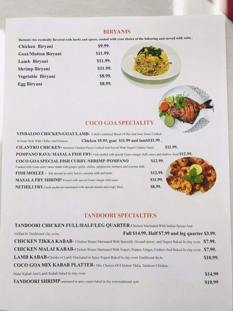 Coco Goa Indian Cuisine - Sacramento, CA menu_pic