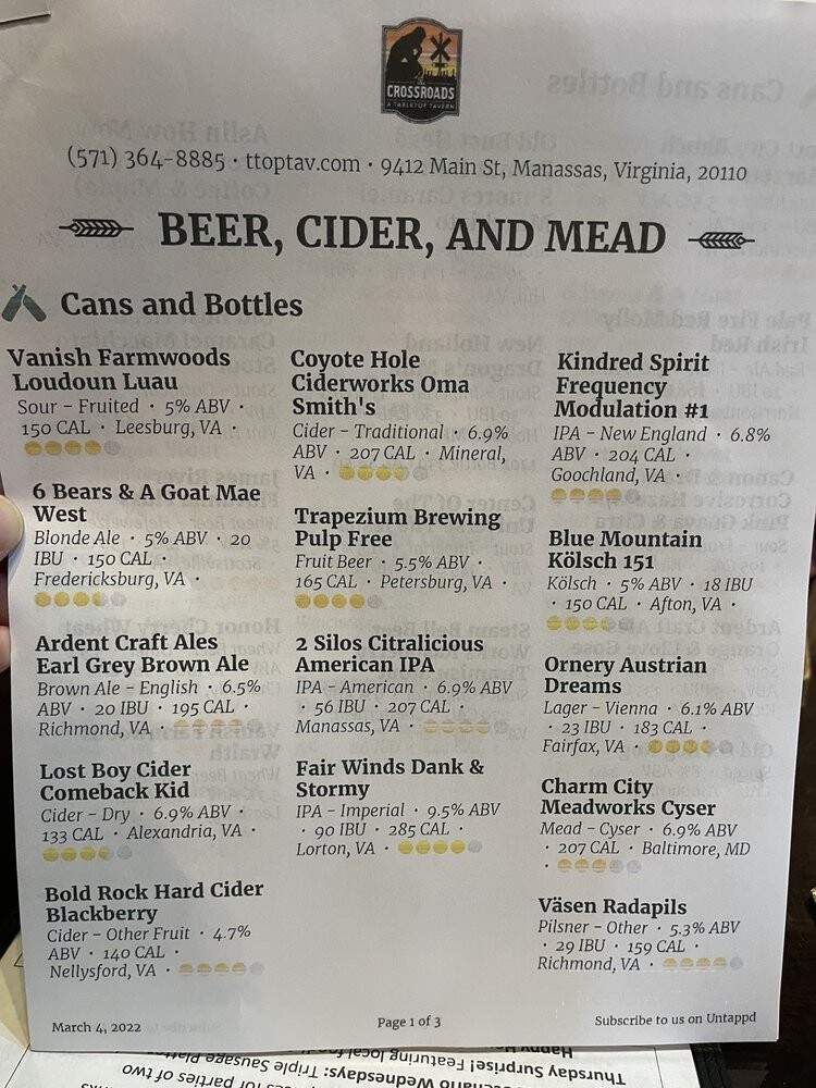 Crossroads Tabletop Tavern - Manassas, VA menu_pic