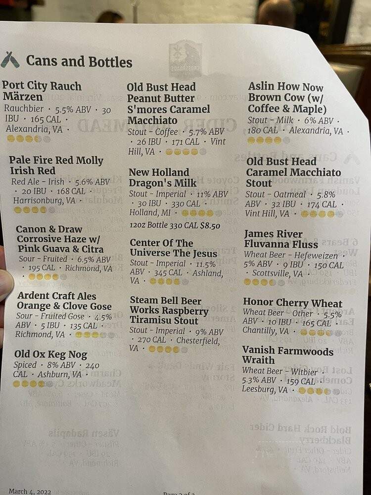 Crossroads Tabletop Tavern - Manassas, VA menu_pic