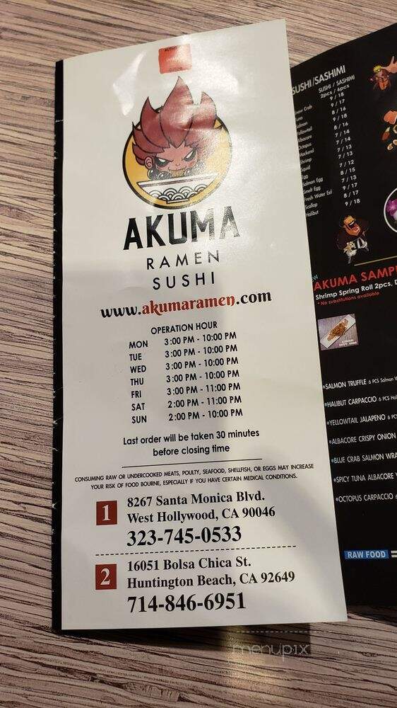 Akuma Ramen & Sushi Bar - West Hollywood, CA menu_pic