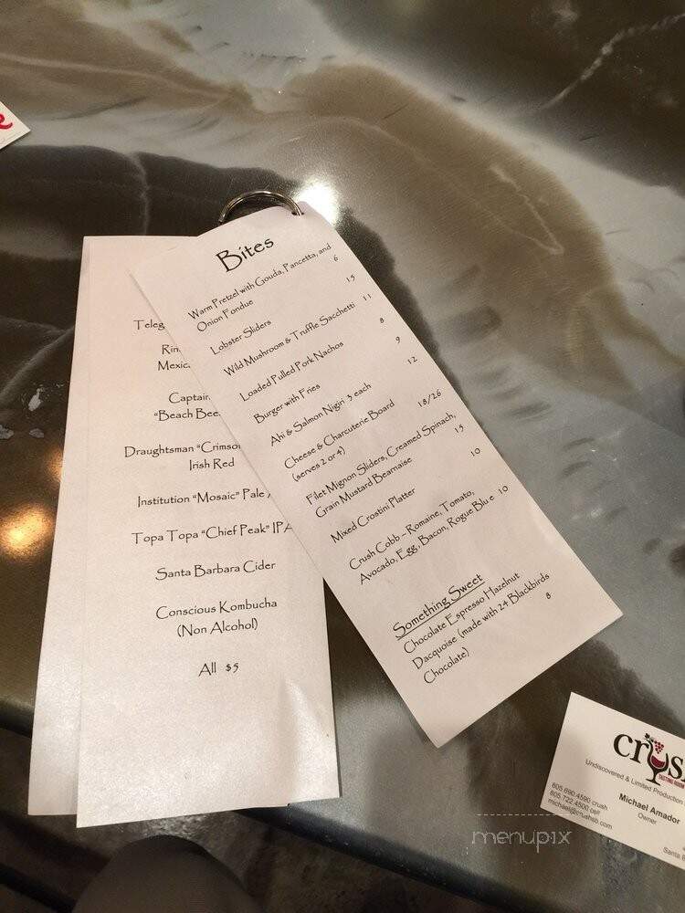 Crush Tasting Room & Kitchen - Santa Barbara, CA menu_pic