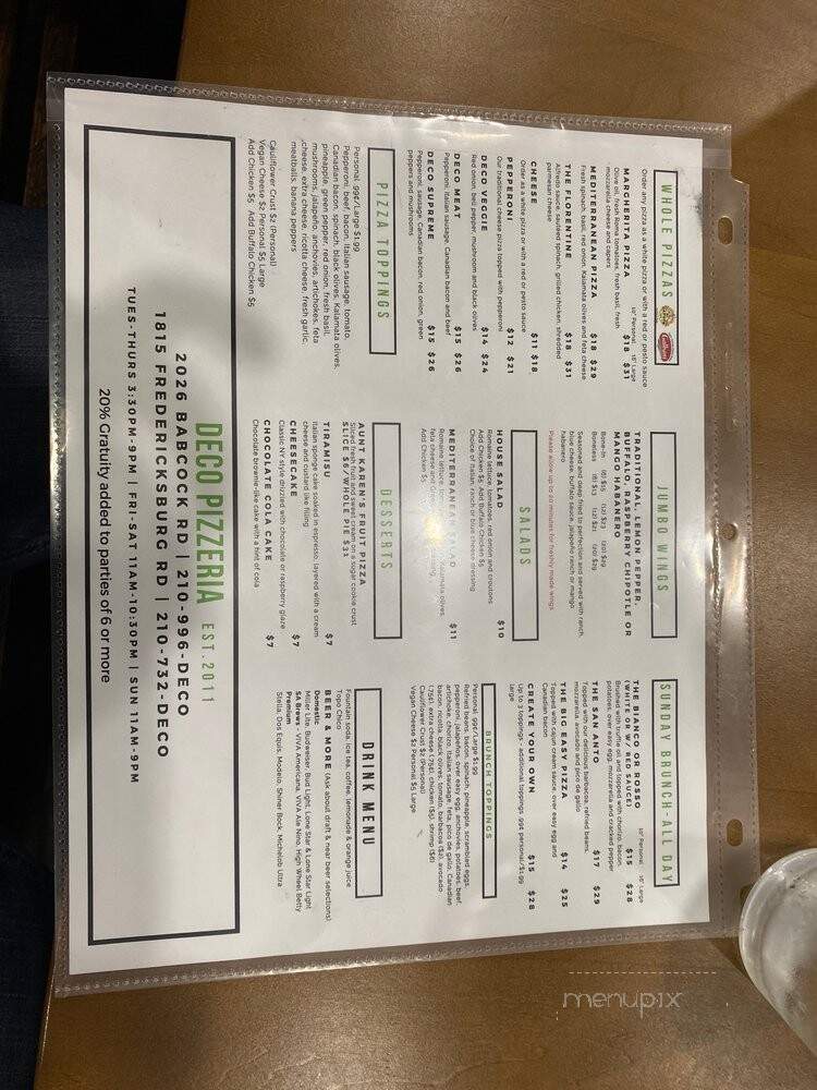 Deco Pizzeria - San Antonio, TX menu_pic