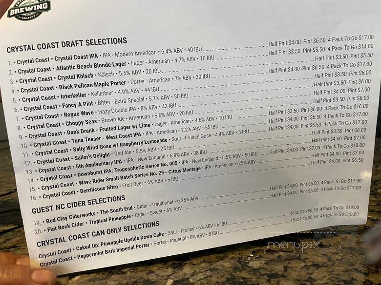 Crystal Coast Brewing - Atlantic Beach, NC menu_pic