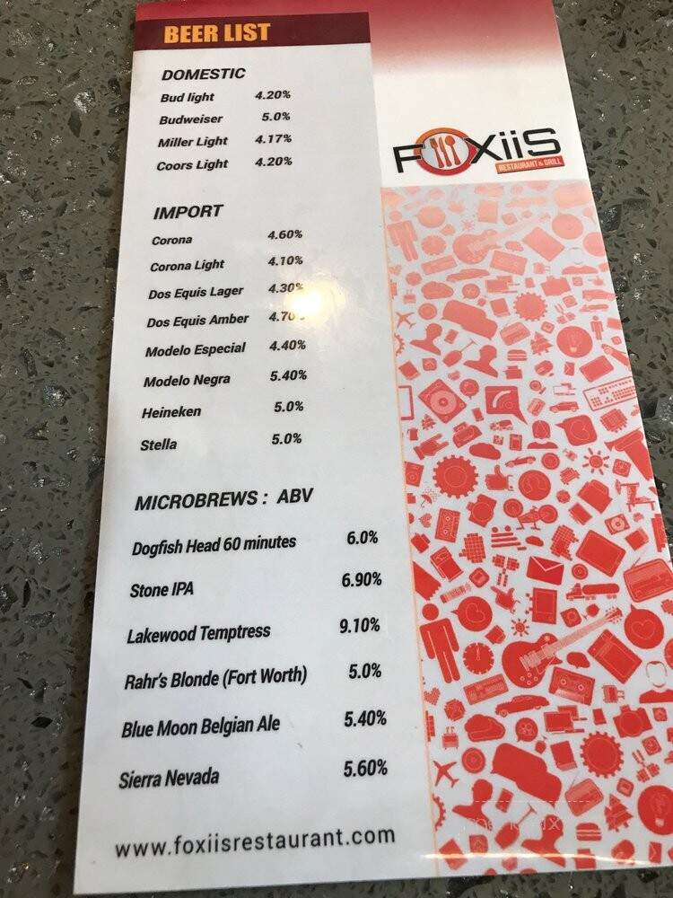 Foxiis Bar and Grill - McKinney, TX menu_pic